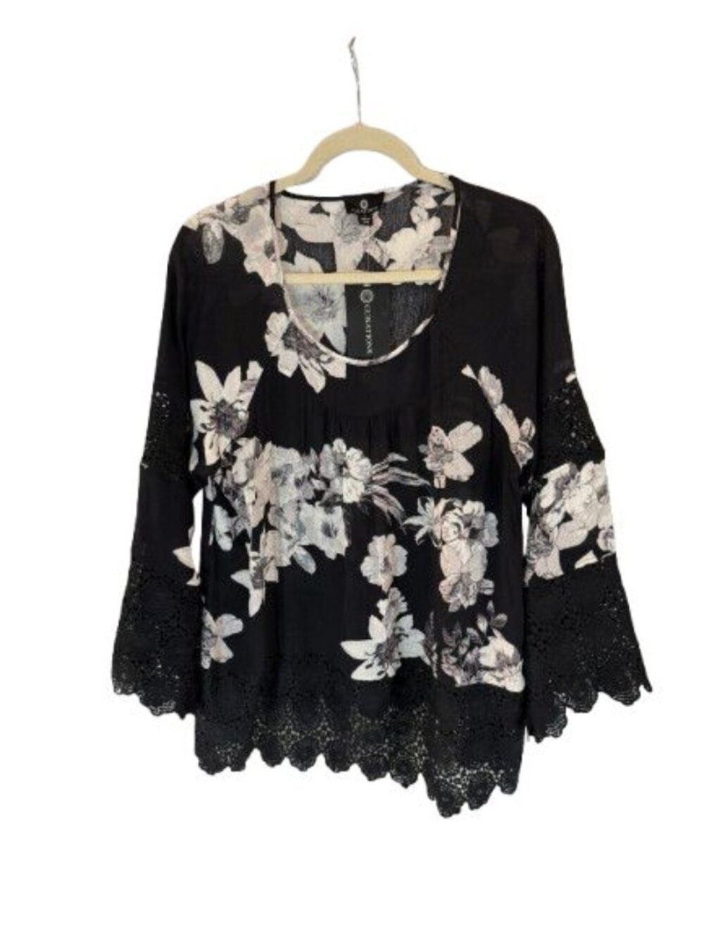Curations Floral Lace Trim Boho Blouse Size L Black Viscose.